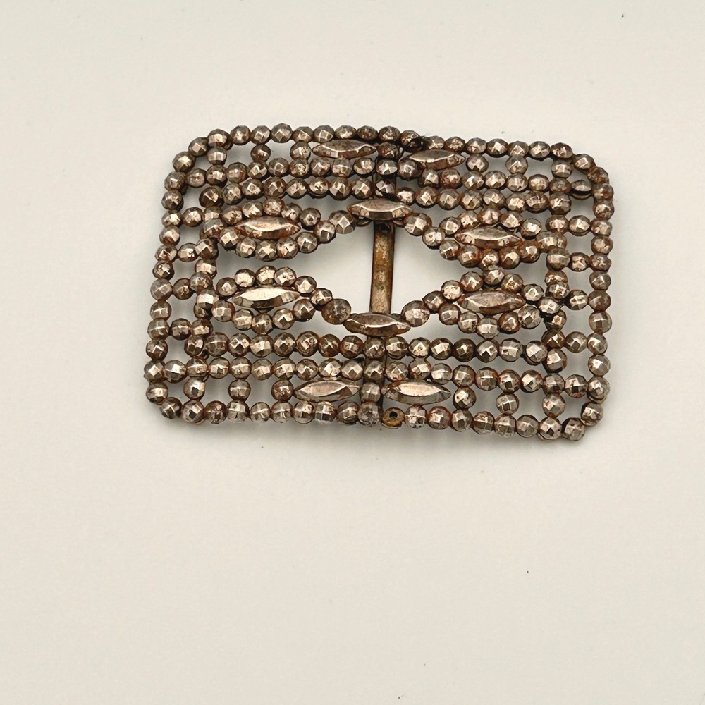 Antique M.G. France Cut Steel Belt Buckle Victorian Edwardian Openwork Silver